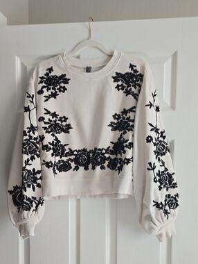 Anthropologie Cream Crewneck Sweatshirt with Black Floral Embroidery